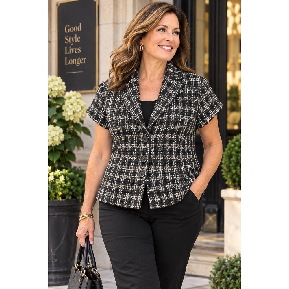 Coldwater Creek Women 16 Boucle Tweed Short Sleeve Blazer Jacket Black Gray